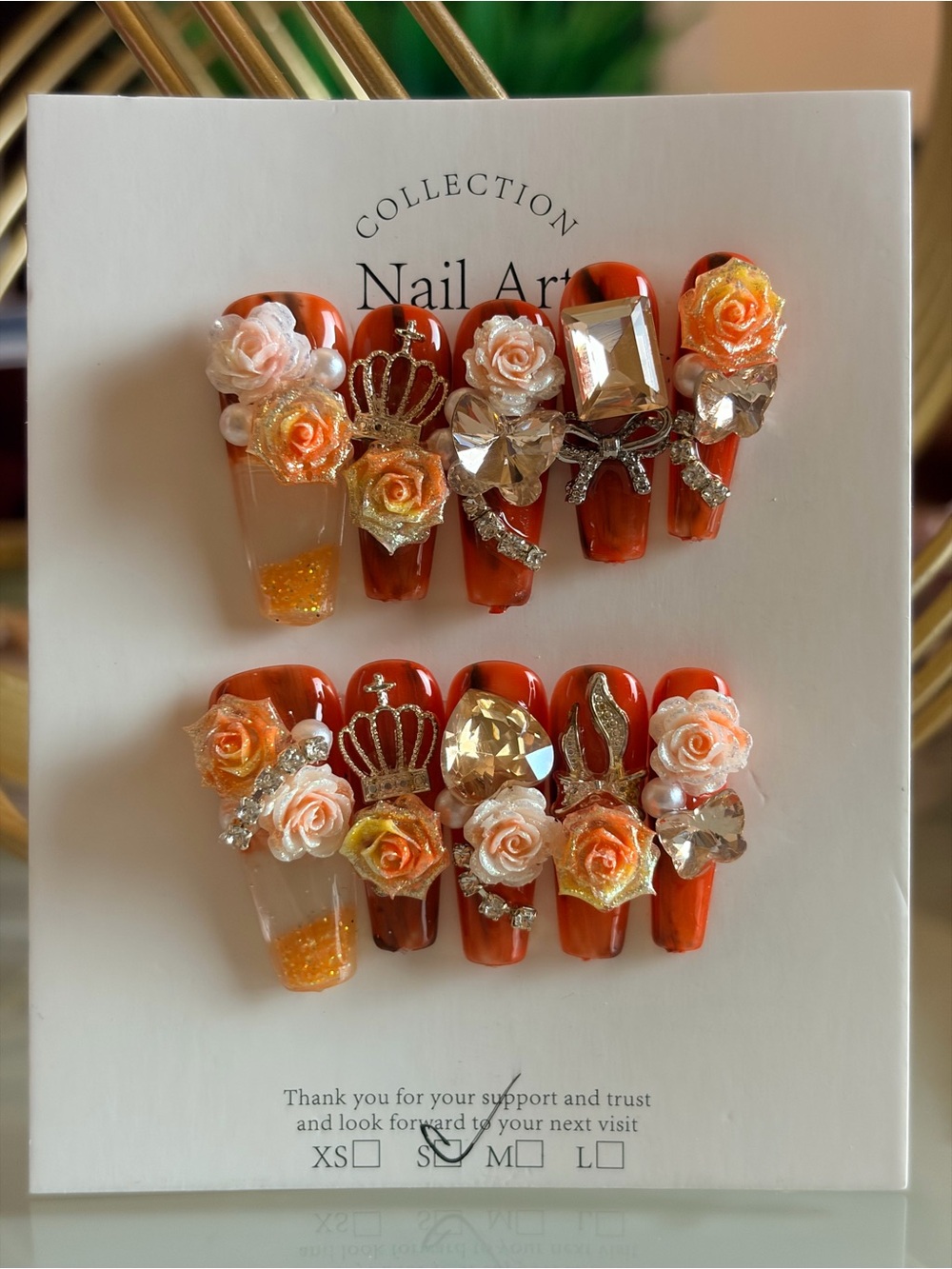 Handmade Orange Floral Jewel Water Press-On Nails- small